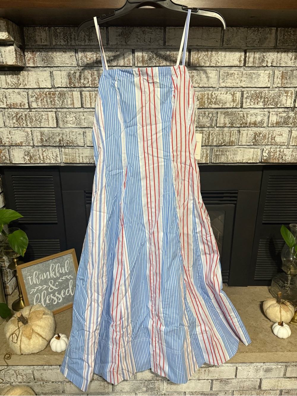 Striped Blue and Red Midi Dress with Spaghetti Straps